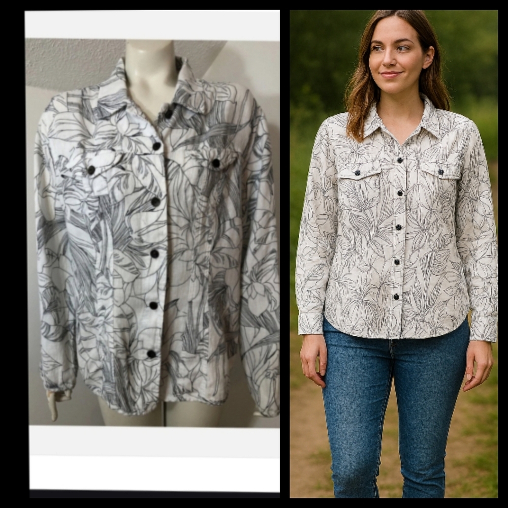 Chico's 100% Linen Black and White Floral Button Down Shacket Size 2 Large●